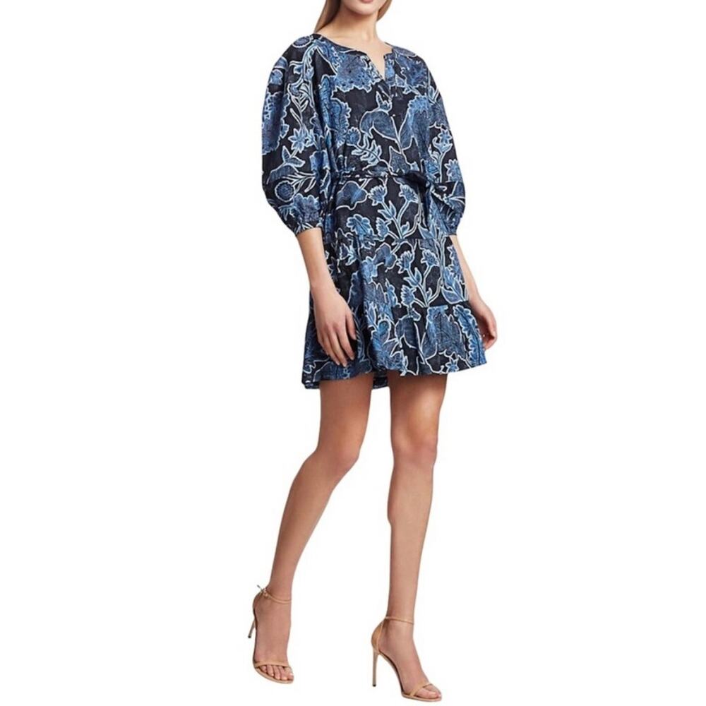 Parker Women’s Blue & Black Floral 3/4 Sleeve Mini Dress Size Small - Picture 3 of 9